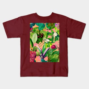 Trendy tropical floral leaves and fruits tropical pattern, botanical illustration, tropical plants, rose blush pink floral illustration Kids T-Shirt